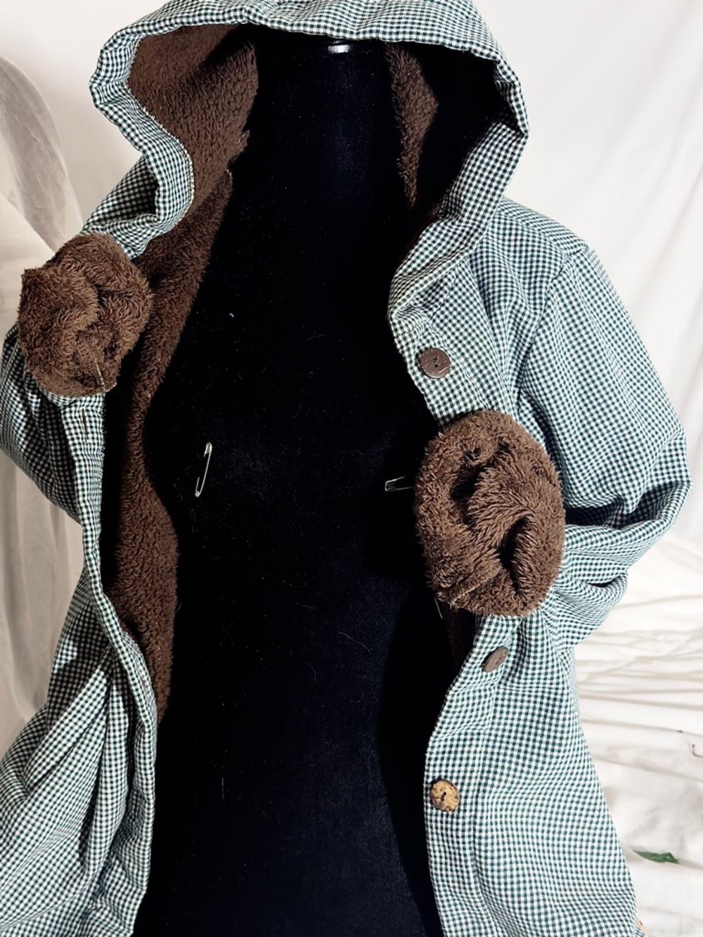 Vintage Gingham Hooded Coat Teddy Lined Jacket Green & Cream •
